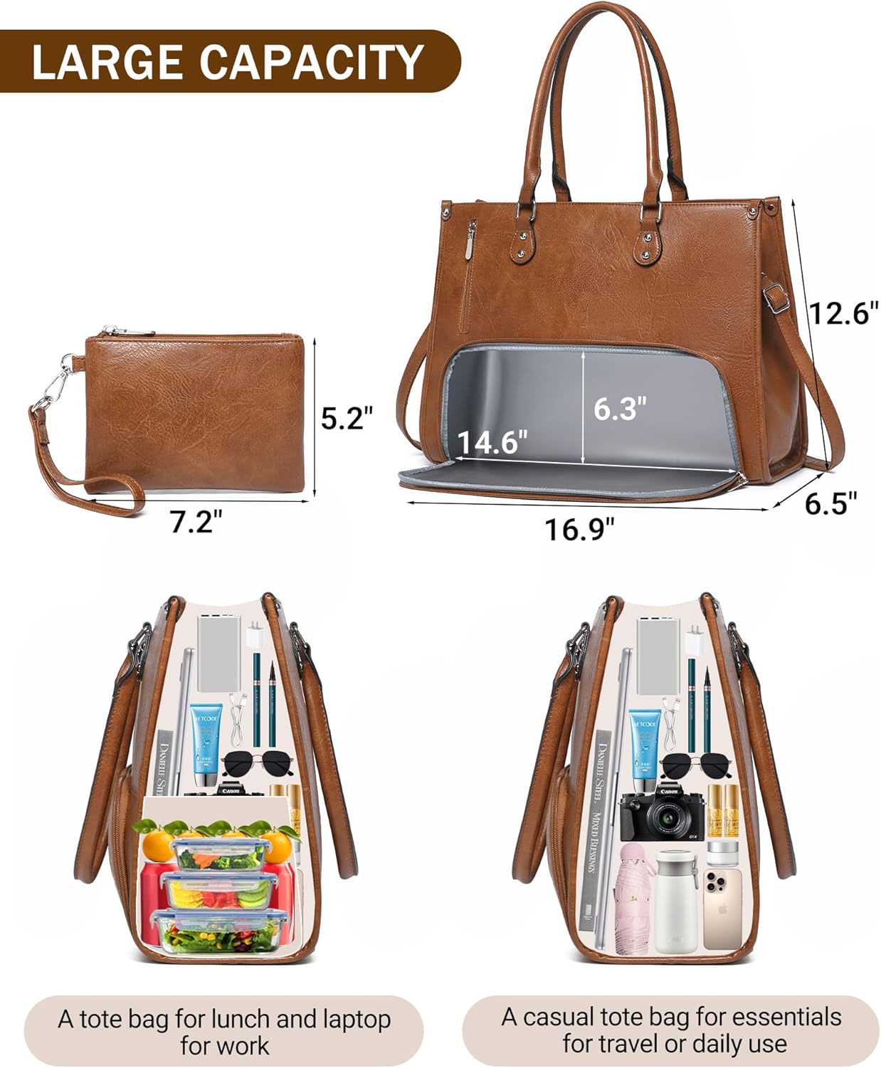 Leather Work Laptop Bag - 2 in 1 Laptop Tote Bag