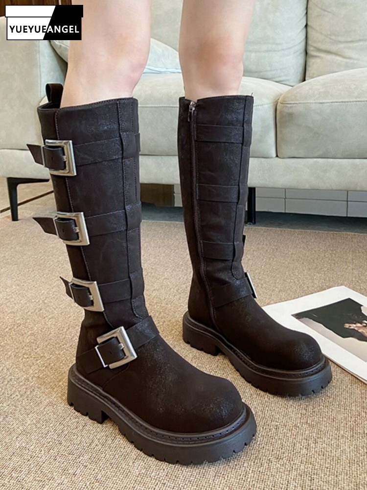 Leather Work Boots - Fashion Women Multi Buckle Knee High