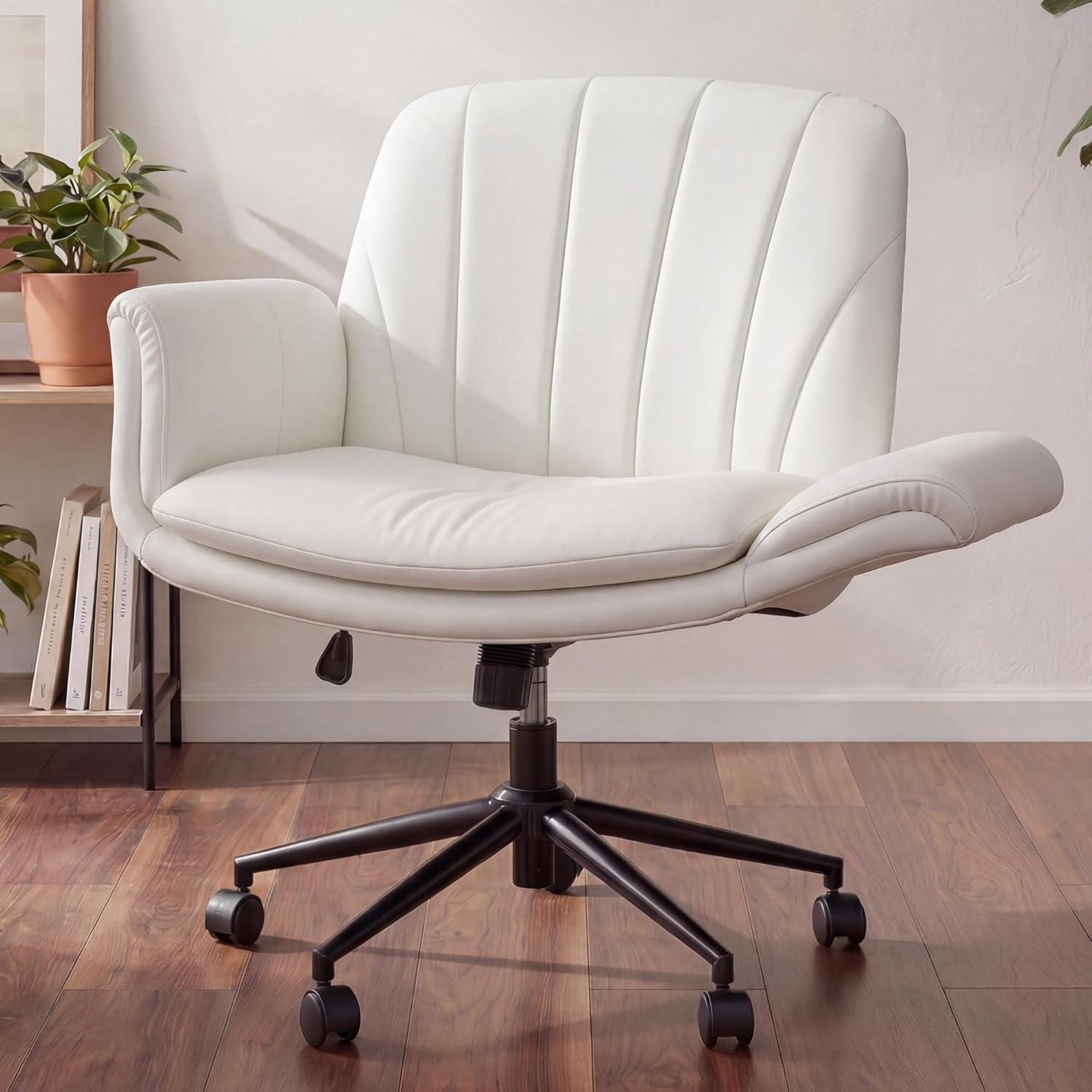 Leatherworking Leveling - Beige Crisscross-Leg PU-Leather Rolling Swivel Chair,