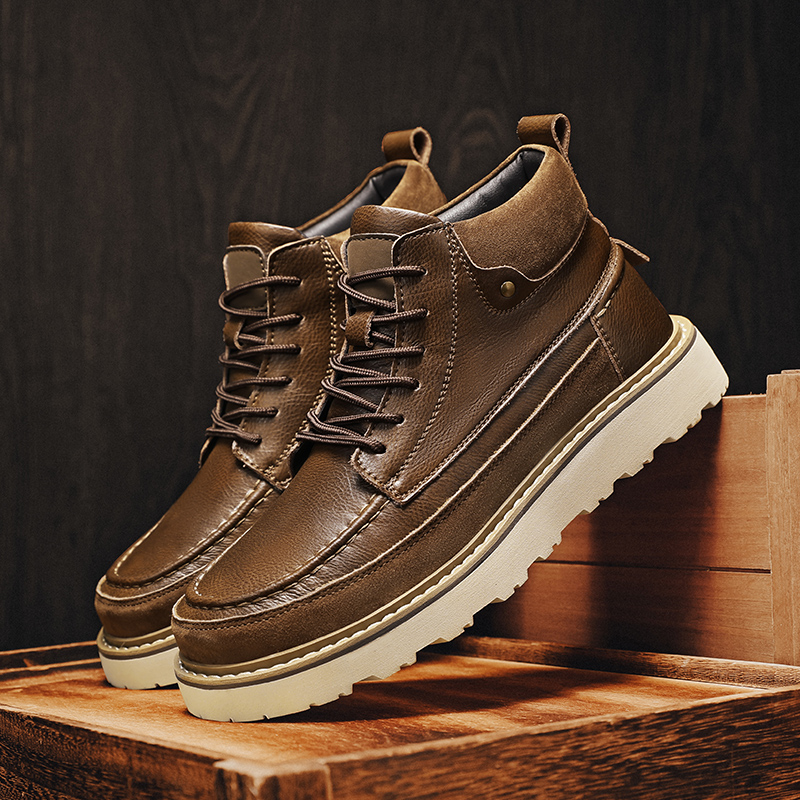 Leather Work Boots - Men Brown Fleece Lined Warm High